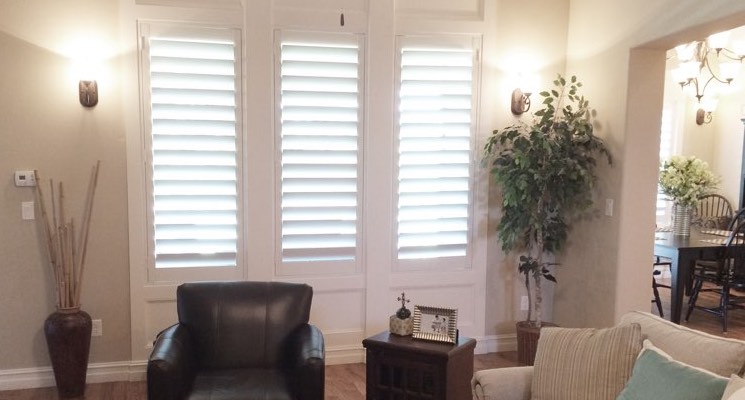 Southern California family room white shutters